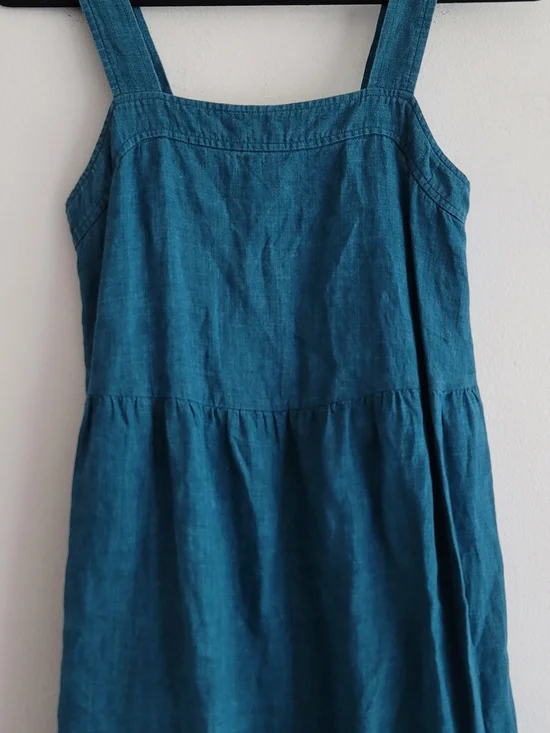 Eileen Fisher XXS Organic Linen Tiered Midi Dress Blue Square Neck Summer Beach - Picture 8 of 9